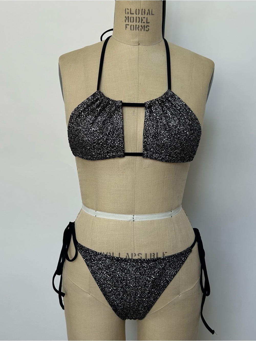 Shimmery Black Halter Tie-Side Bikini Set